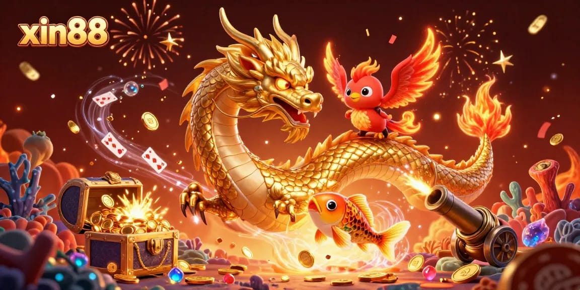 Experience the vibrant world of xin88 with a golden dragon, phoenix, and koi fish amidst a shower of coins.
