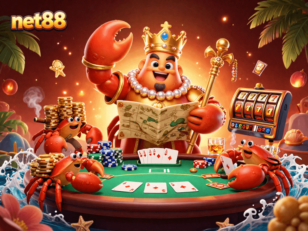 Experience the thrill of net88's vibrant casino scene with a golden crab and rich gaming elements.