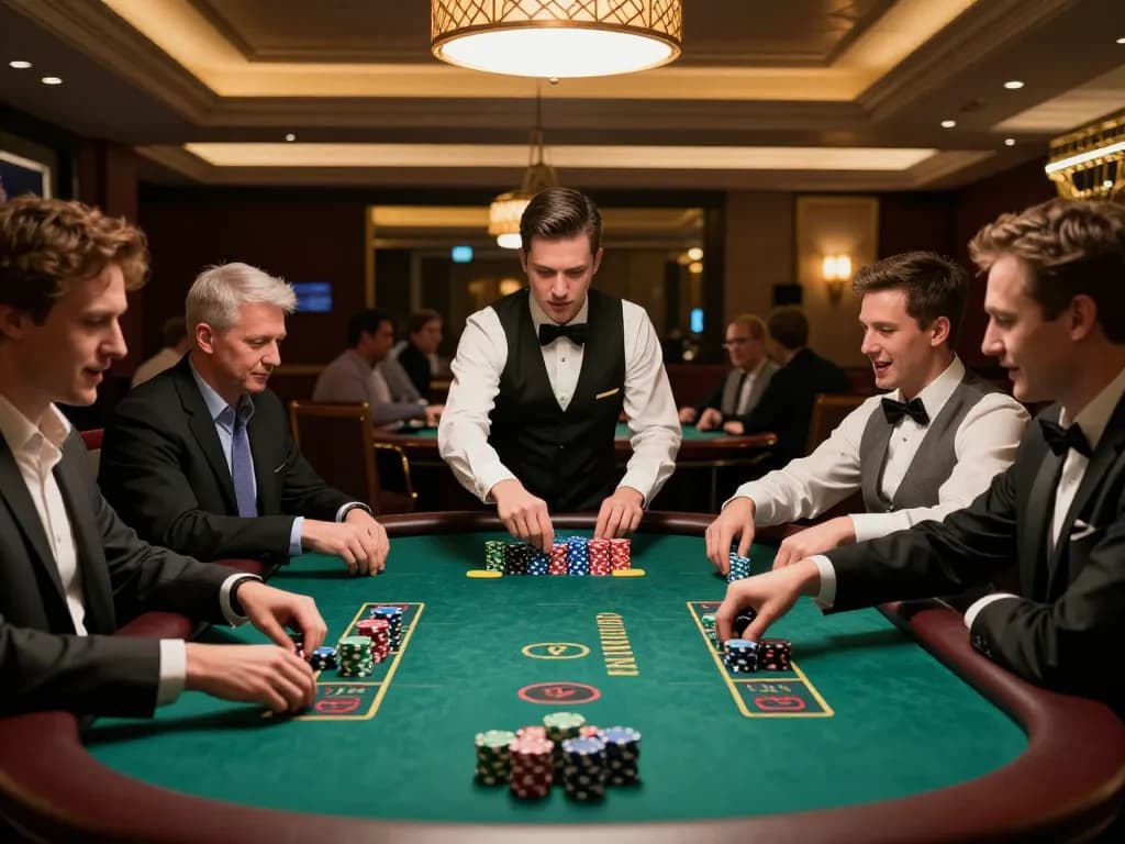Engaged players strategizing during a 7m blackjack game in an upscale casino, vibrant atmosphere.