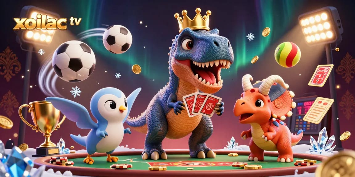 Xoilac TV sports betting scene with T-Rex and dinosaur characters engaging with dynamic elements.