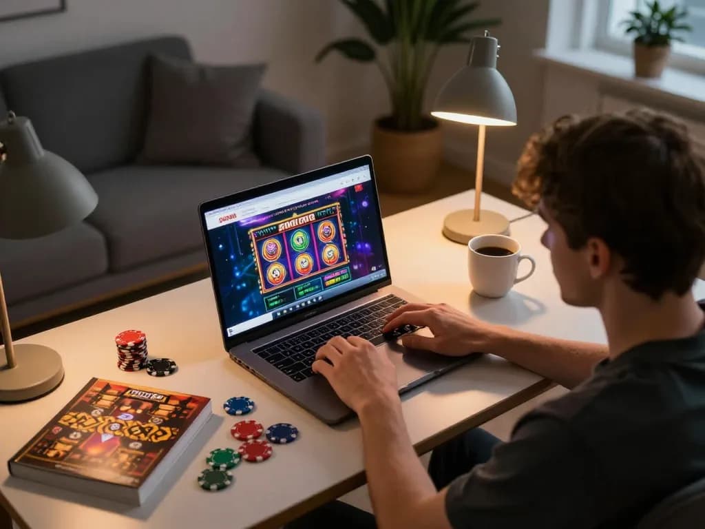 Engaging online gambling scene on open88 homepage with vibrant slot games on a laptop.