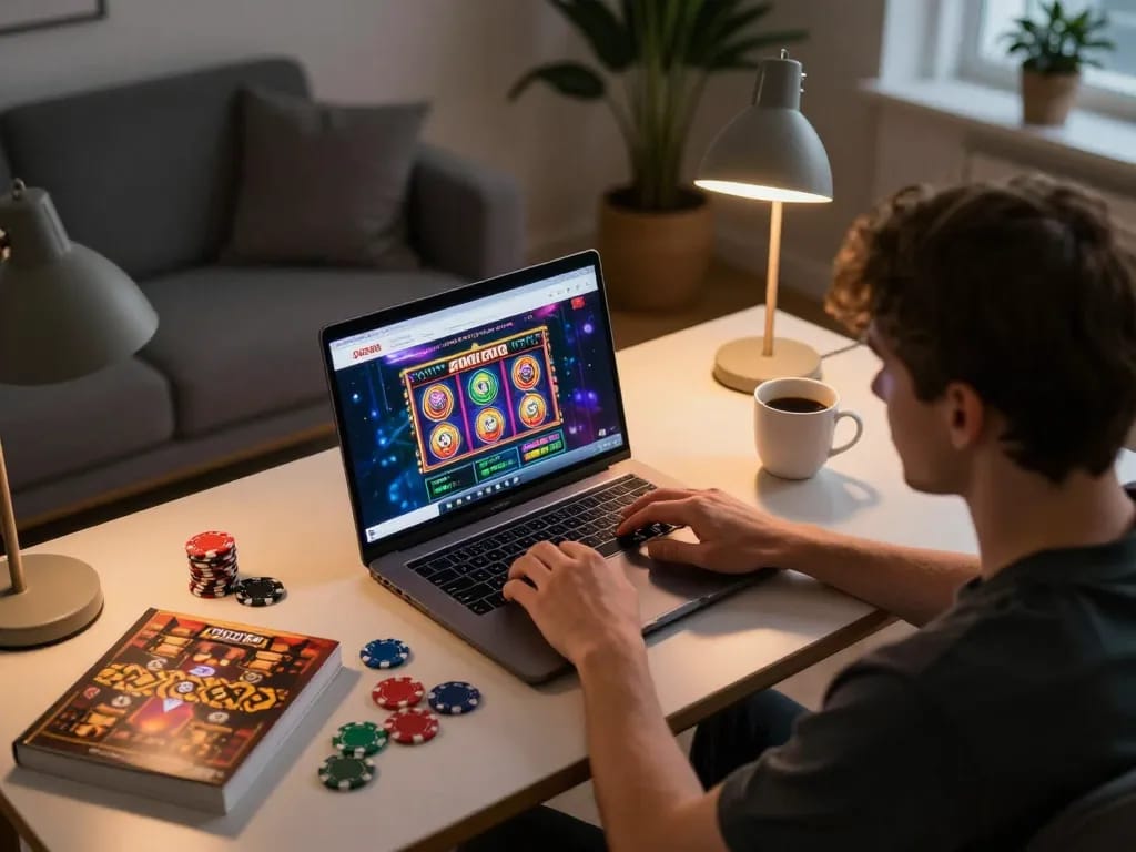 Engaging online gambling scene on open88 homepage with vibrant slot games on a laptop.