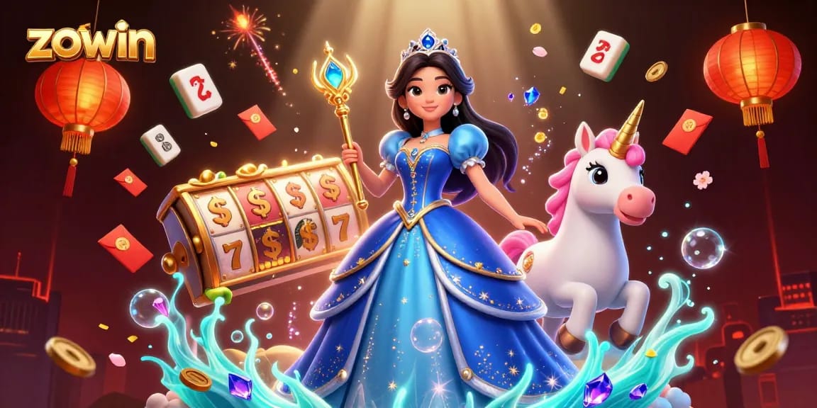 Spin to win at Zowin casino with vibrant 3D artwork showcasing exciting slot games.