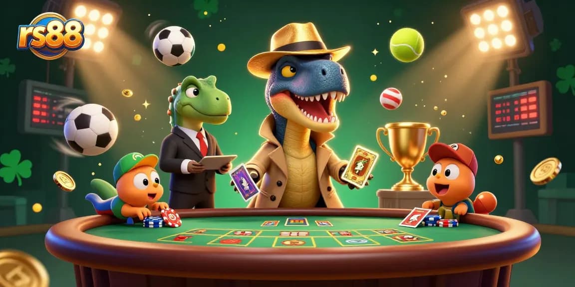 Watch the rs88 velociraptor card counter sneakily playing blackjack with a suspicious stegosaurus pit boss in a vibrant casino scene.