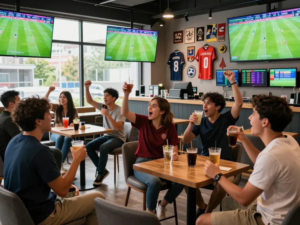 Friends enjoying the excitement of betting on fb88 during a live football match in a sports lounge