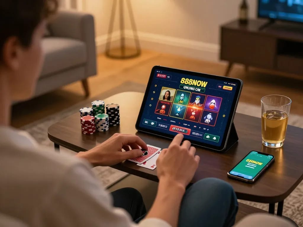 Engaging with the 888NOW online casino interface in a cozy home environment.