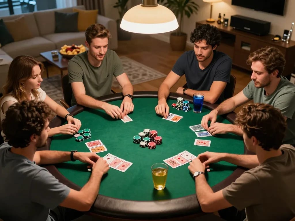 Engaging home poker scene showcasing a friendly game around the table, highlighting 789win action.
