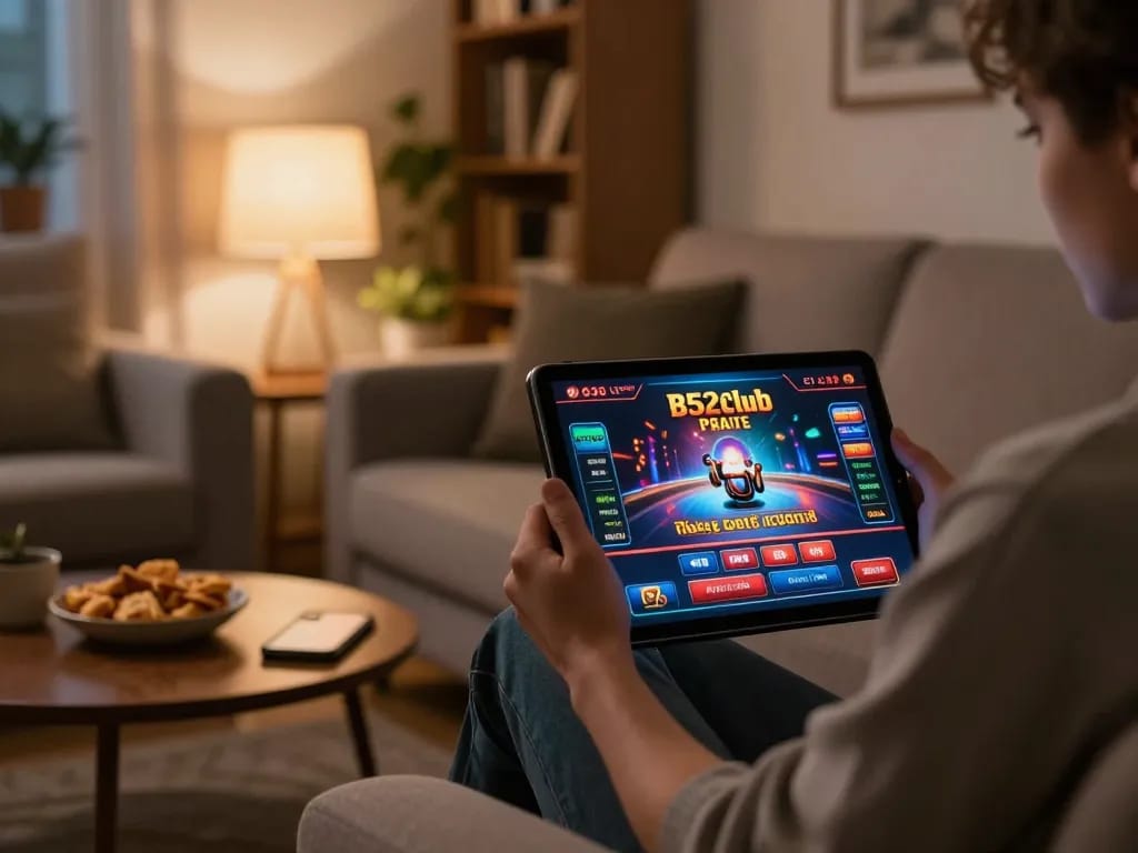 Engaging with b52club casino interface on tablet in a cozy home gaming setup.
