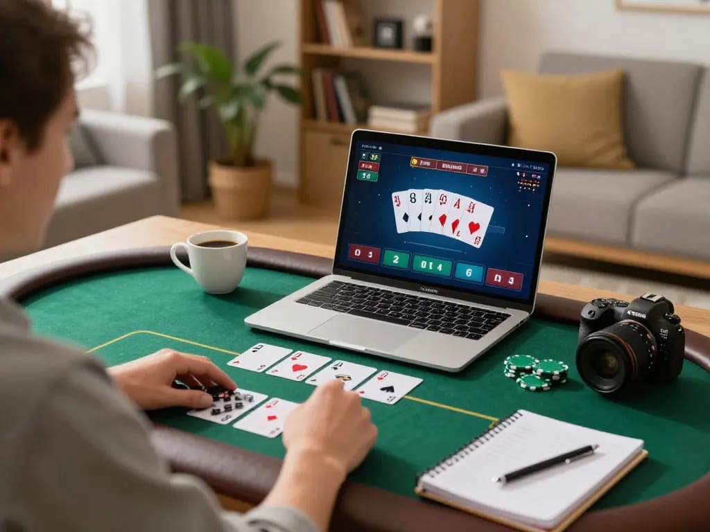 123B online gaming scene with a person enjoying poker on laptop, showcasing a cozy atmosphere and strategic play.