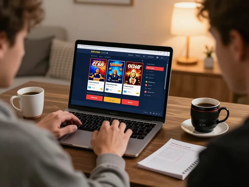 Engaged player using nhà cái cf68 for online gambling in a cozy home setting.