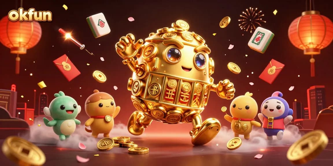 Experience the excitement of okfun with a vibrant 3D illustration of a golden golem amidst casino elements.