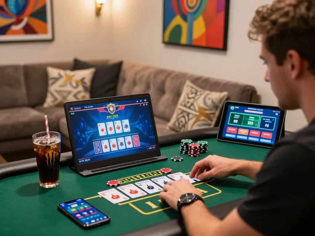 Xibet online gaming experience with a player engaging in live dealer blackjack at home