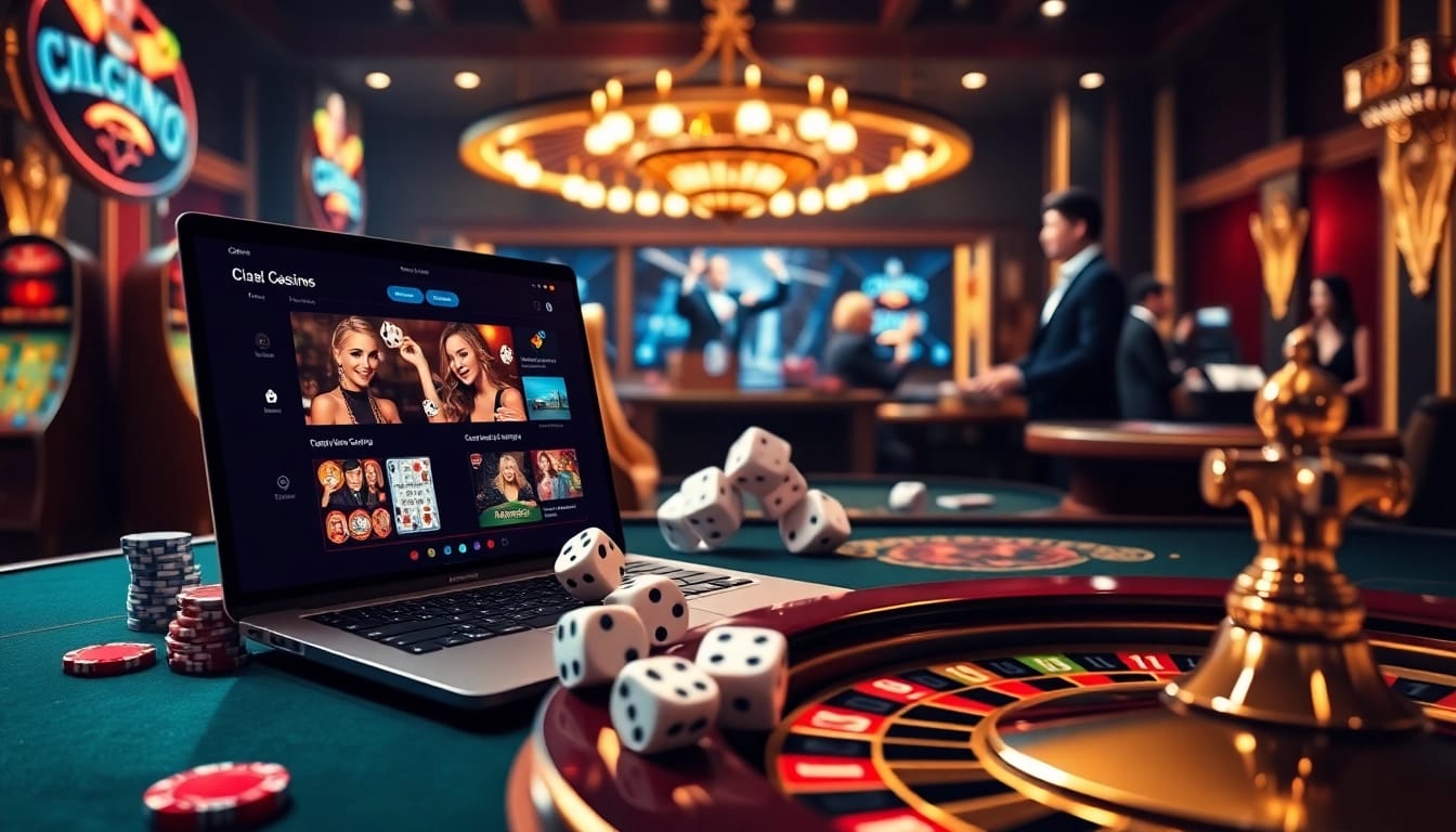Online gambling excitement at https://nohu90vn2.com/ featuring a luxurious casino scene with a laptop, slot machines, and vibrant casino elements.
