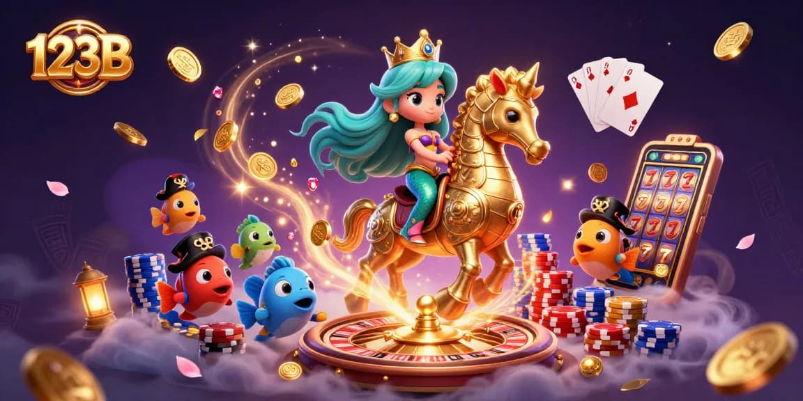 Play exciting slots with 123B in this vibrant 3D casino illustration featuring a mermaid and treasures.