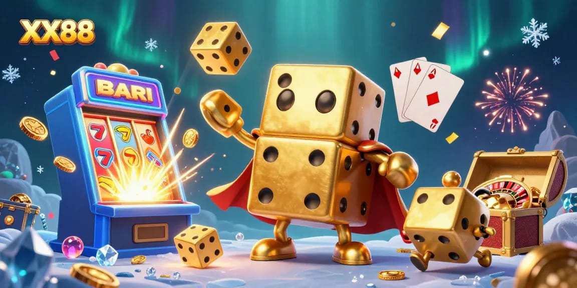 Experience the thrill at XX88 with 3D characters surrounding an exciting casino scene filled with jackpots and gaming elements.