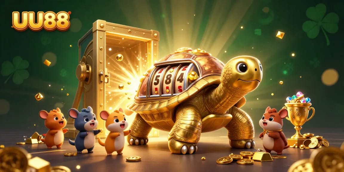 Experience thrilling wins at UU88 with a golden tortoise transforming into a slot machine, exciting players.