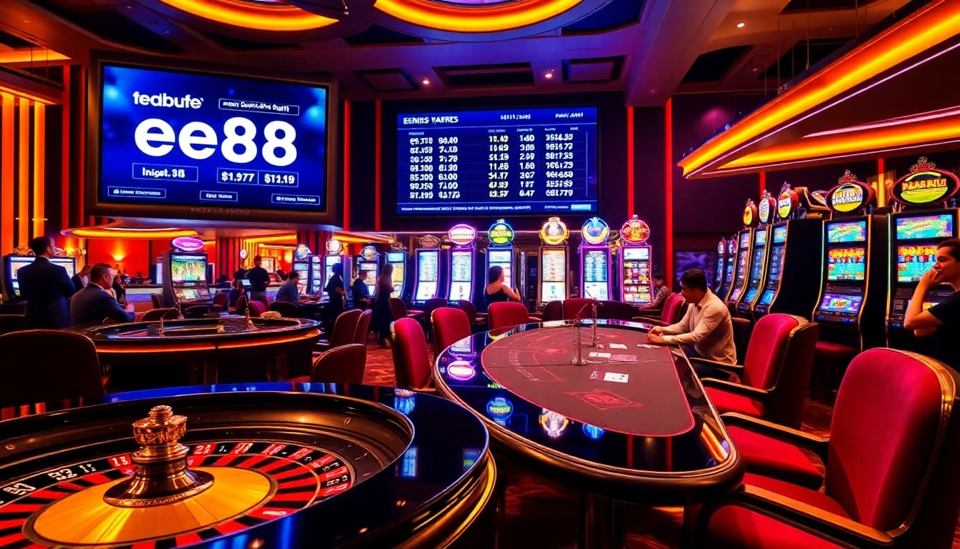 Watch players enjoying the thrilling games at ee88 casino with roulette wheels and slot machines.