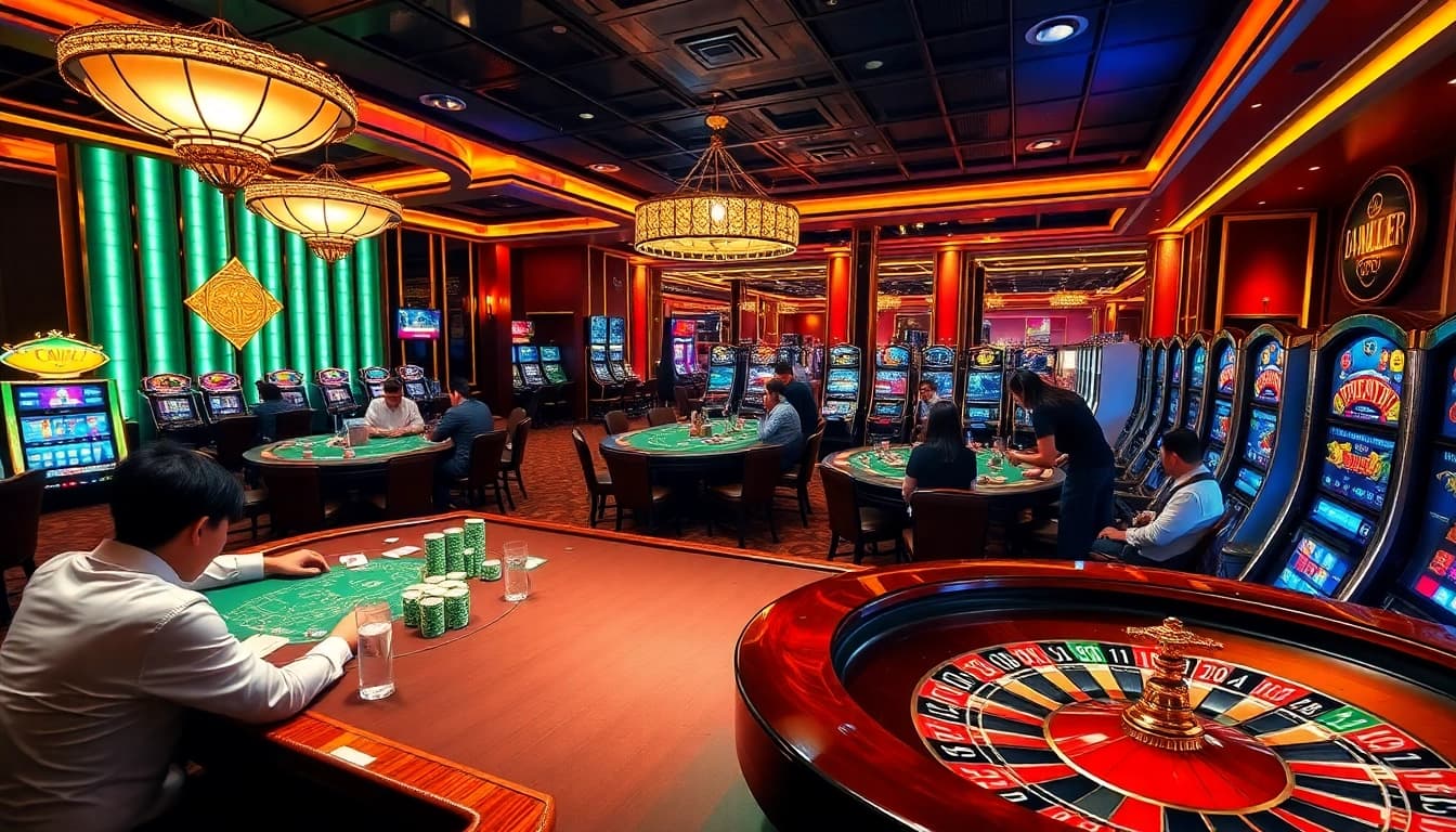 The thrilling gaming atmosphere at https://pub88z.net/ showcasing poker tables, roulette wheels, and slot machines.