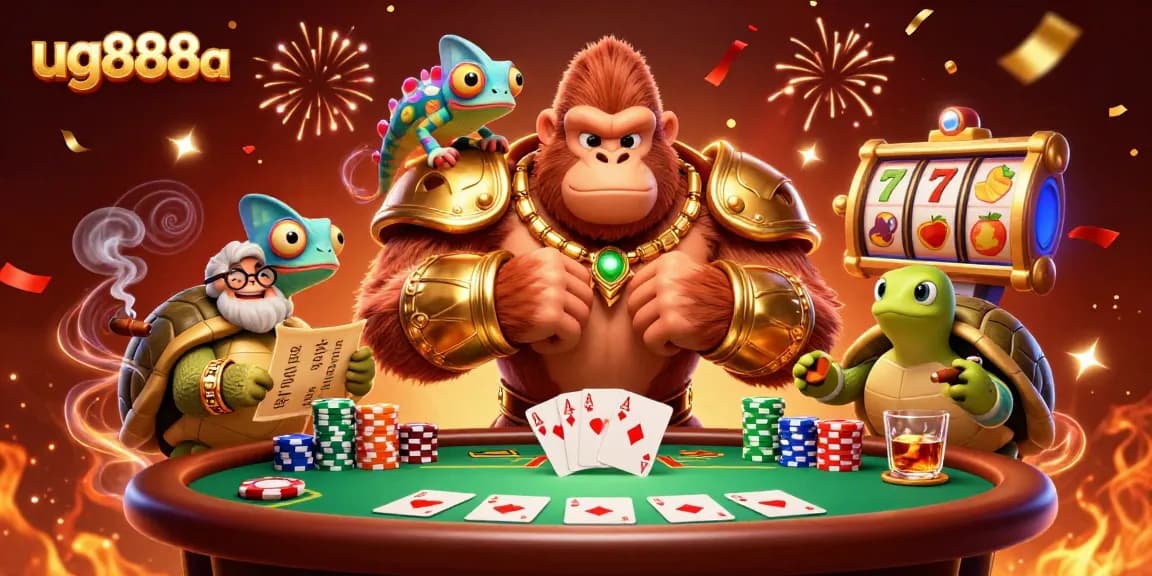 Experience thrilling action with ug888a as a powerful gorilla king and companions celebrate at the casino!