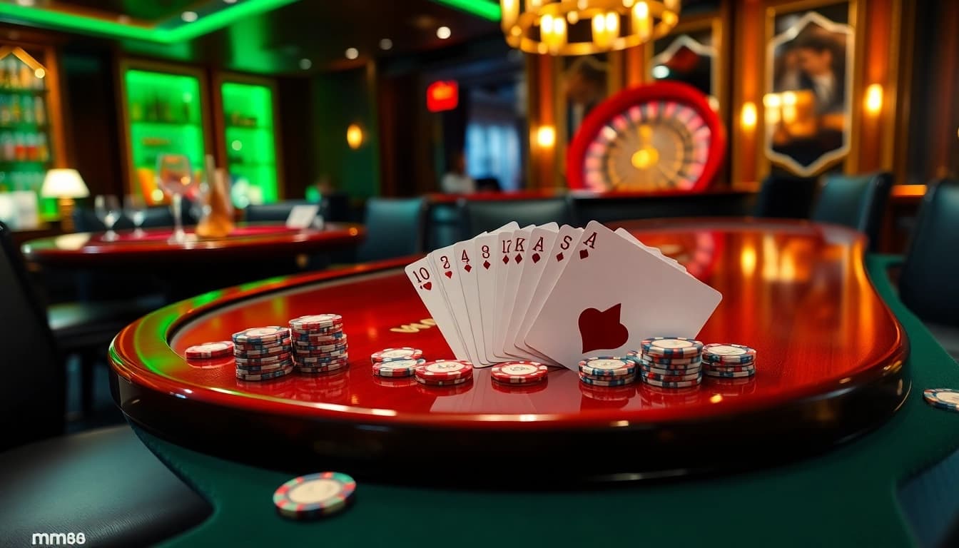 Experience thrilling poker gameplay at MM88 Casino with vibrant chips and strategic betting.