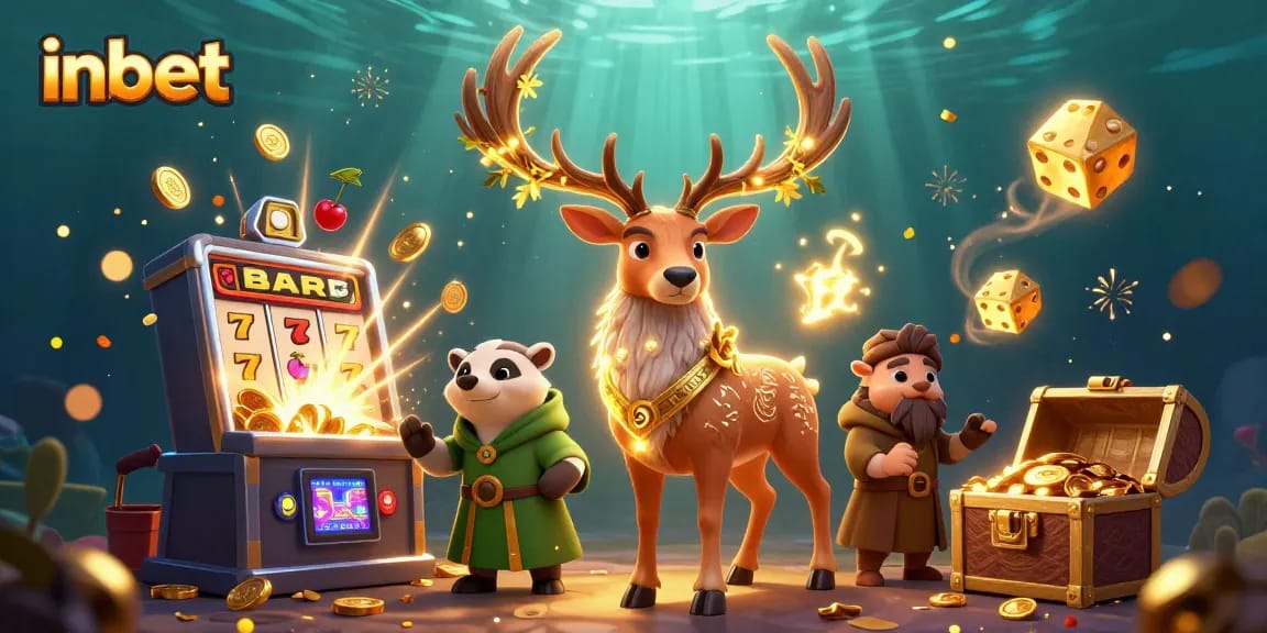 Engaging inbet illustration with druid stag and badger amidst winning casino symbols and elements.