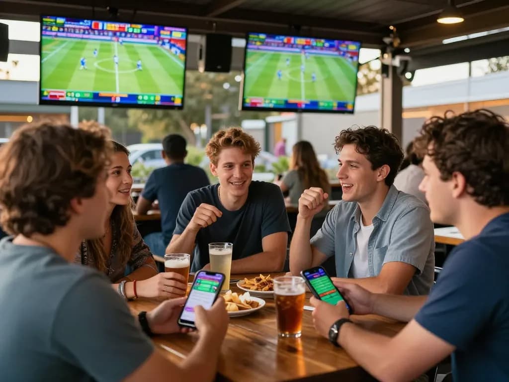 Engaged friends at a sports bar eagerly analyzing ผลบอล for strategic betting.