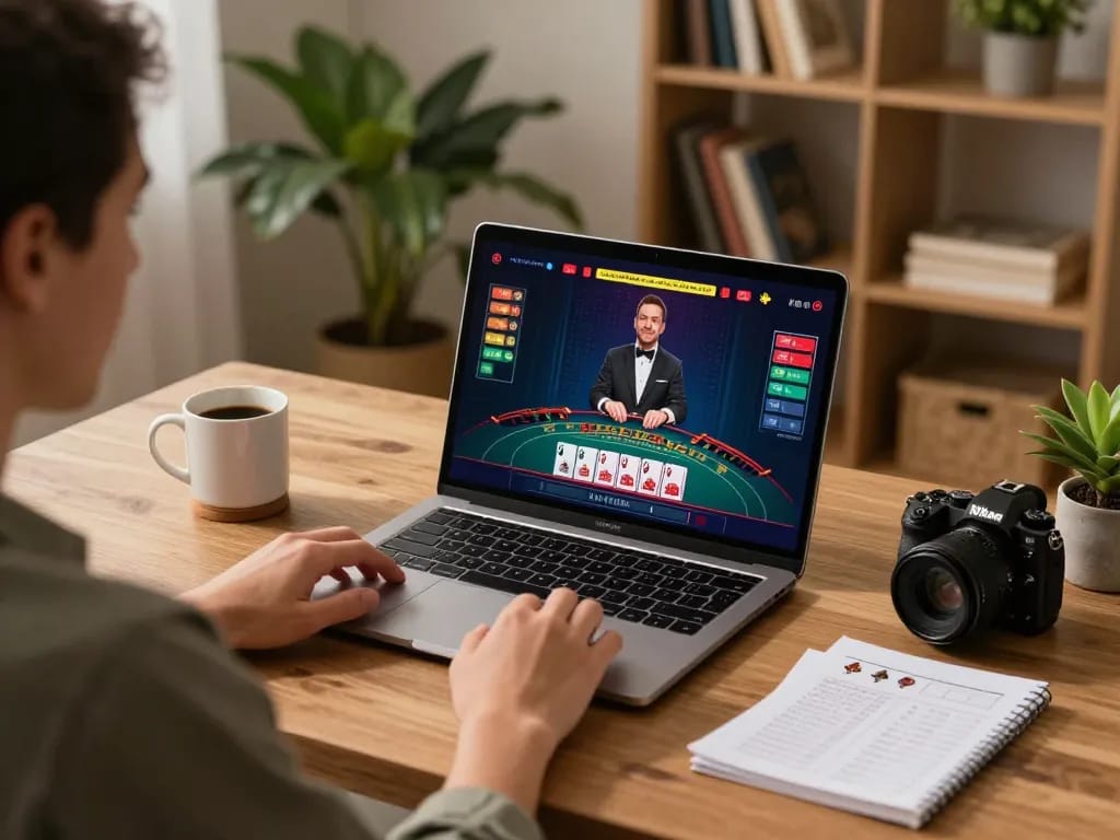 Engaging session on 789WIN with a vibrant live dealer blackjack game, showcasing a cozy home office