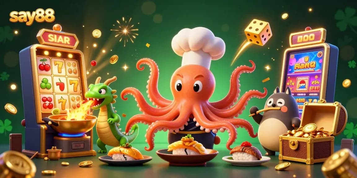 Experience excitement with say88, featuring lively characters and dynamic casino elements in a vibrant illustration.