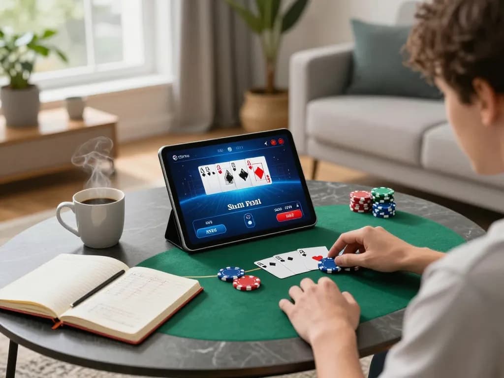 Engaging in online poker at home with 789WIN on display, enhancing strategic gameplay.