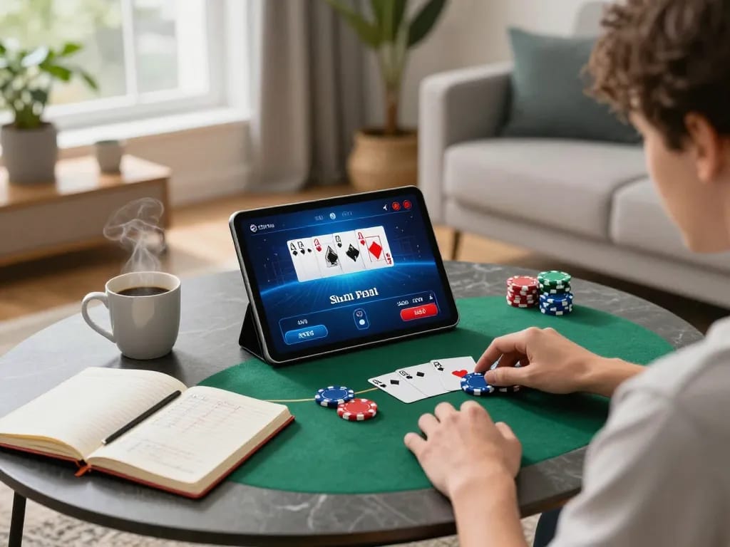 Engaging in online poker at home with 789WIN on display, enhancing strategic gameplay.