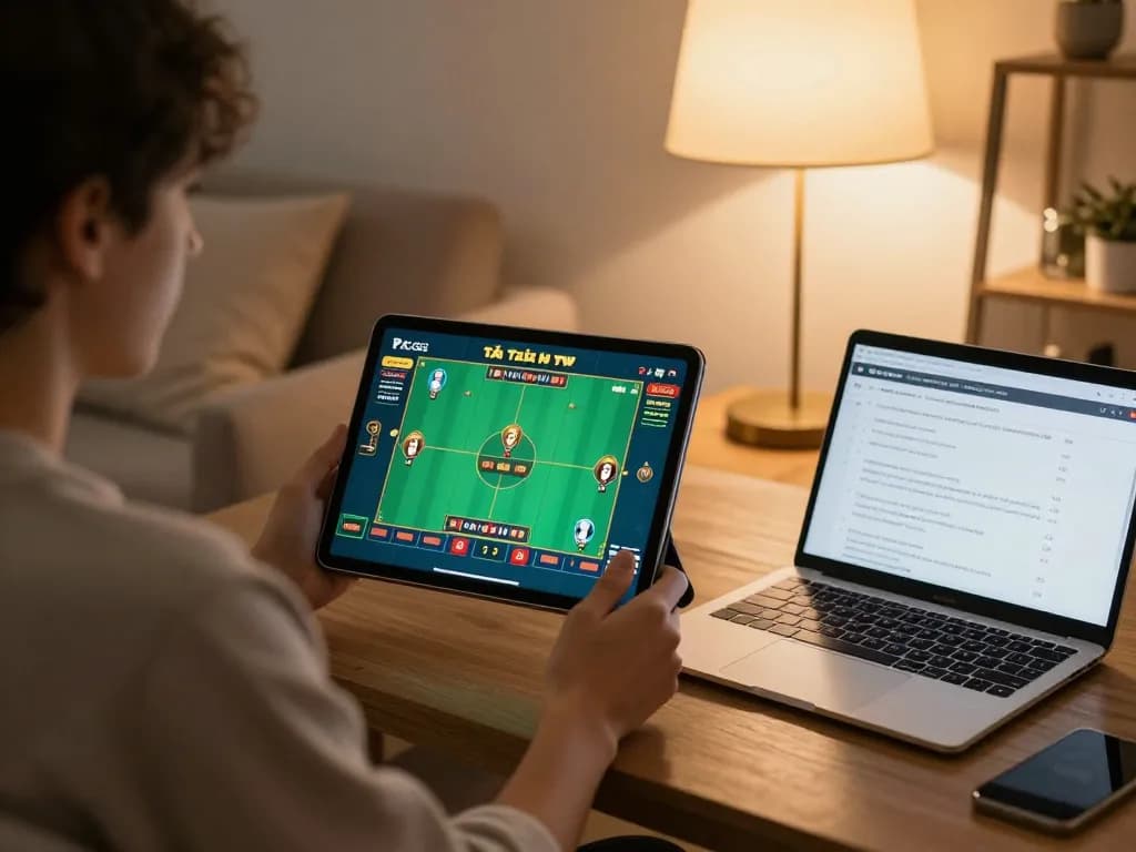 Person engaged in online Tài Xỉu gaming at home, showcasing taixiuonline8 strategies and interface