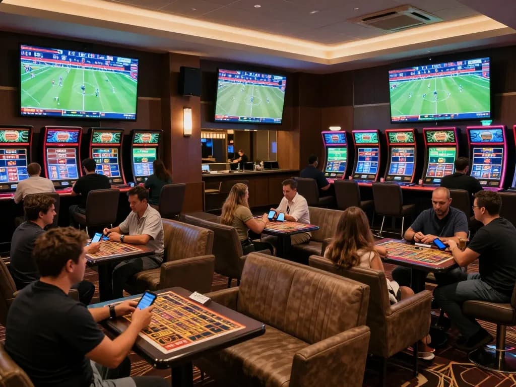 Patrons engaging in social betting strategies at F168's modern sports lounge