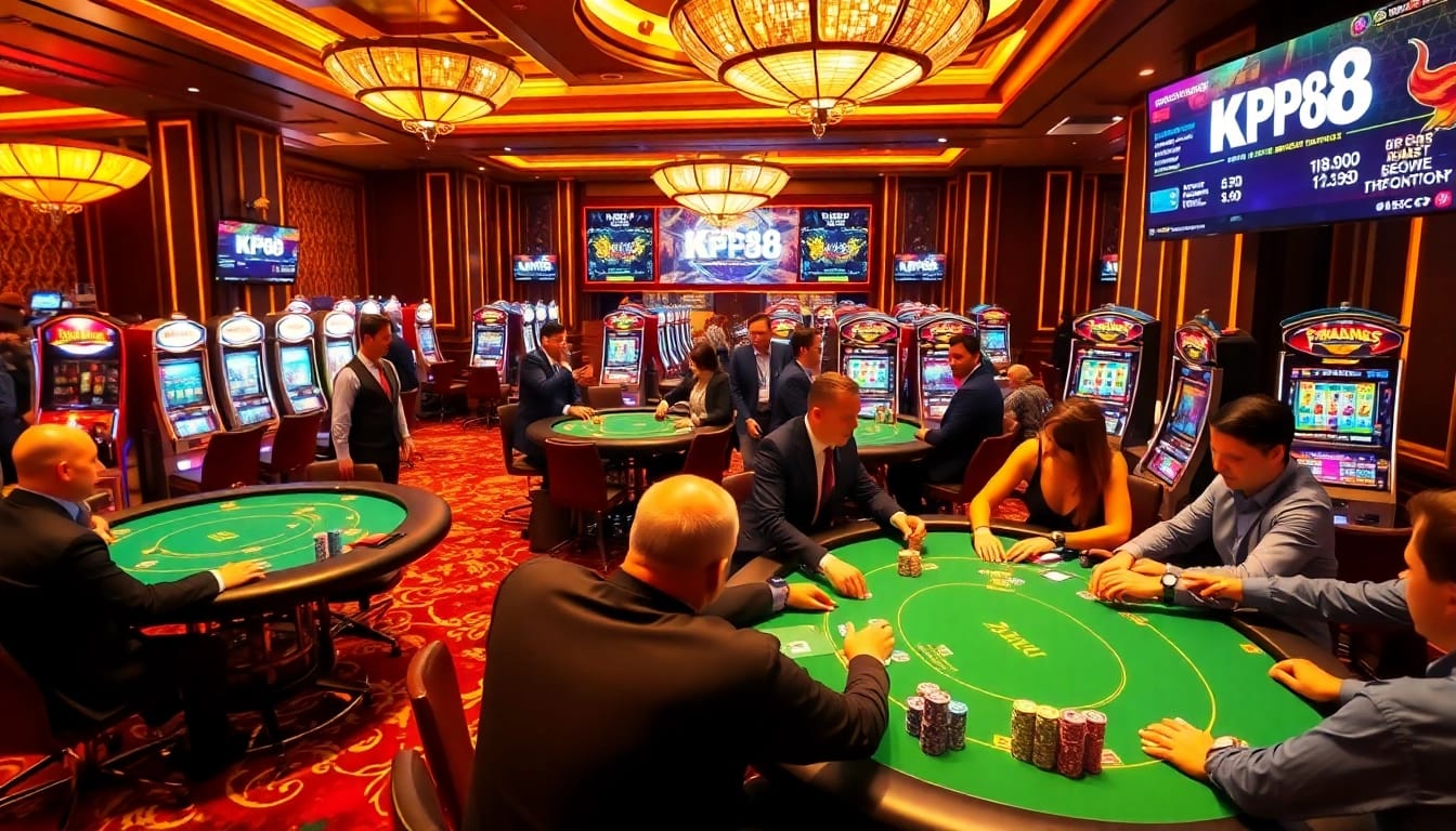 Exciting poker action at KP88 casino with vibrant chips and professional dealers.