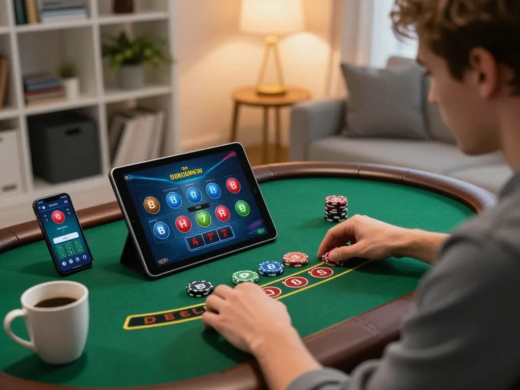 Engaging blackjack gameplay on SUNWIN app shows a player deeply focused on strategy in a cozy environment.