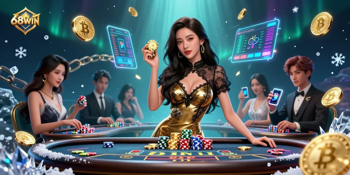 68WIN players enjoying a luxurious baccarat game surrounded by vibrant casino elements