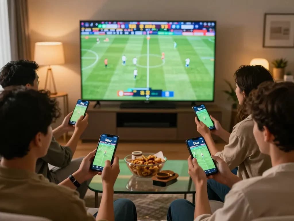 Friends using the 9bet app for live sports betting, celebrating an exciting game moment.