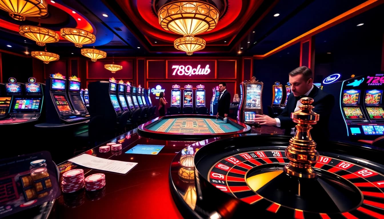 Exciting scene of online gambling at 789club featuring roulette and slot machines.