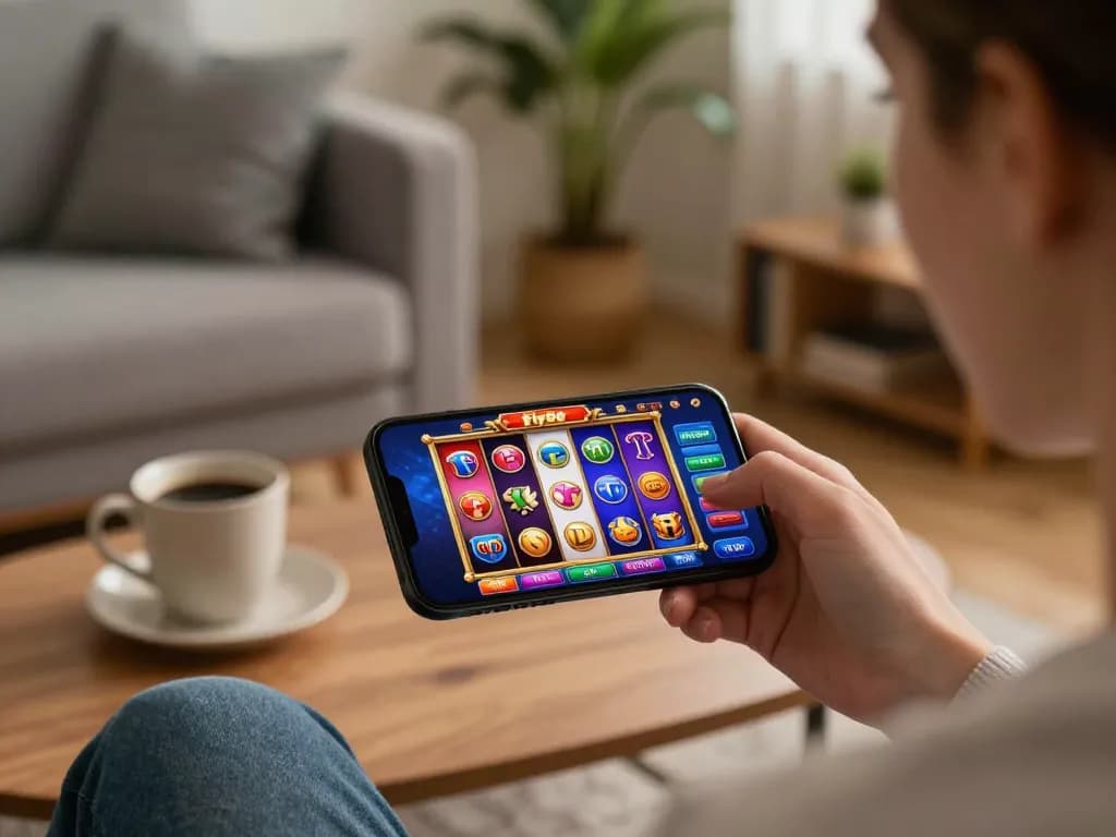 An engaging user experience with the fly88 casino app showcasing spinning slot reels on a smartphone.