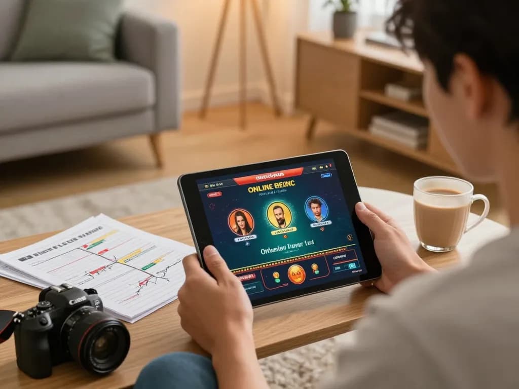 Engaging in strategic online casino gaming with Bom88 on a tablet in a cozy living room.