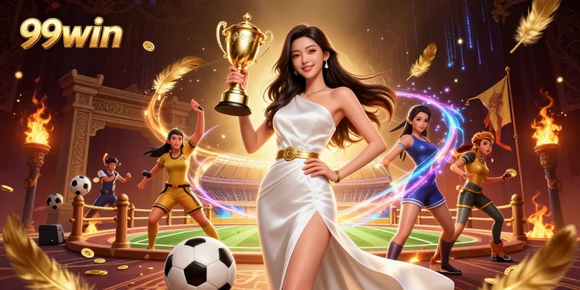 Engage with 99win's vibrant and dynamic online gambling scene featuring trophy celebrations.