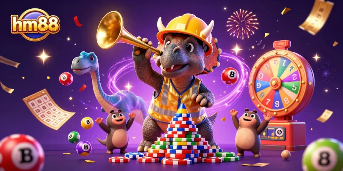 Celebrate big wins with hm88 in a colorful, dynamic casino-themed illustration featuring playful dinosaurs.