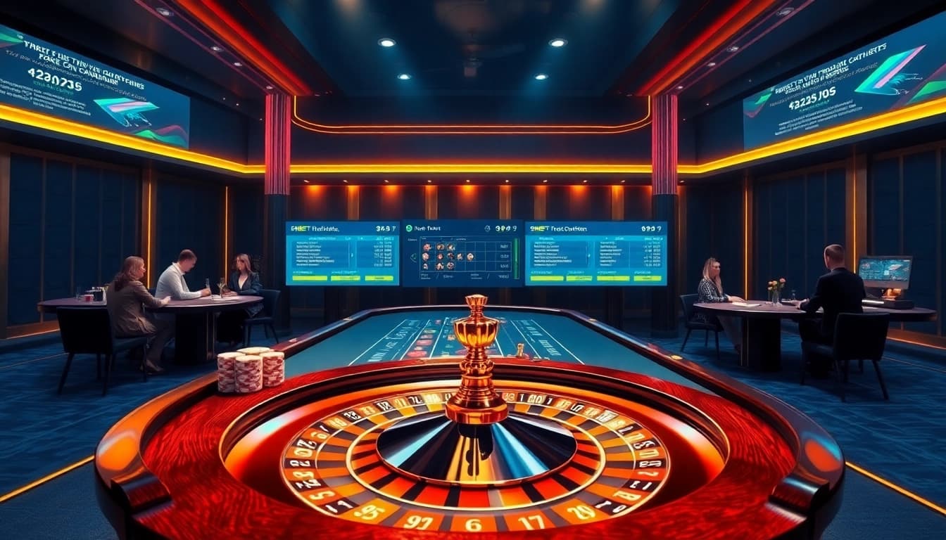 Engage in the rút tiền SHBET process with vibrant online casino visuals, showcasing poker chips and a roulette wheel.