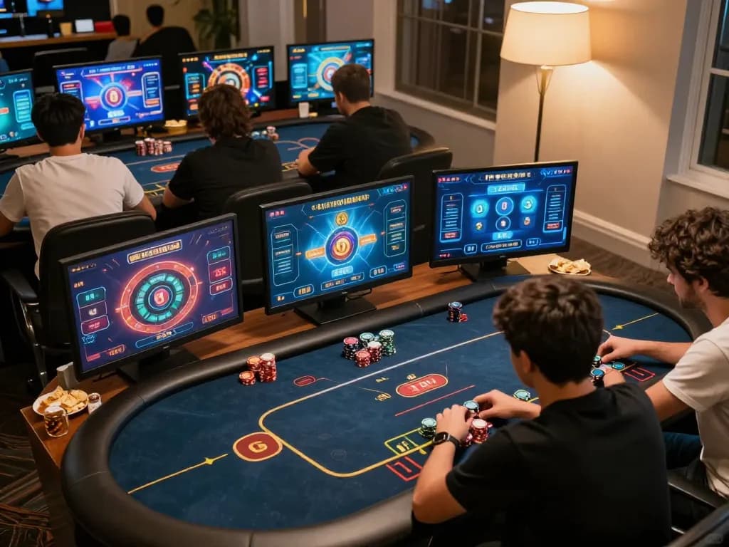 Players strategizing and enjoying twin68 online poker tournament from a modern home setup.