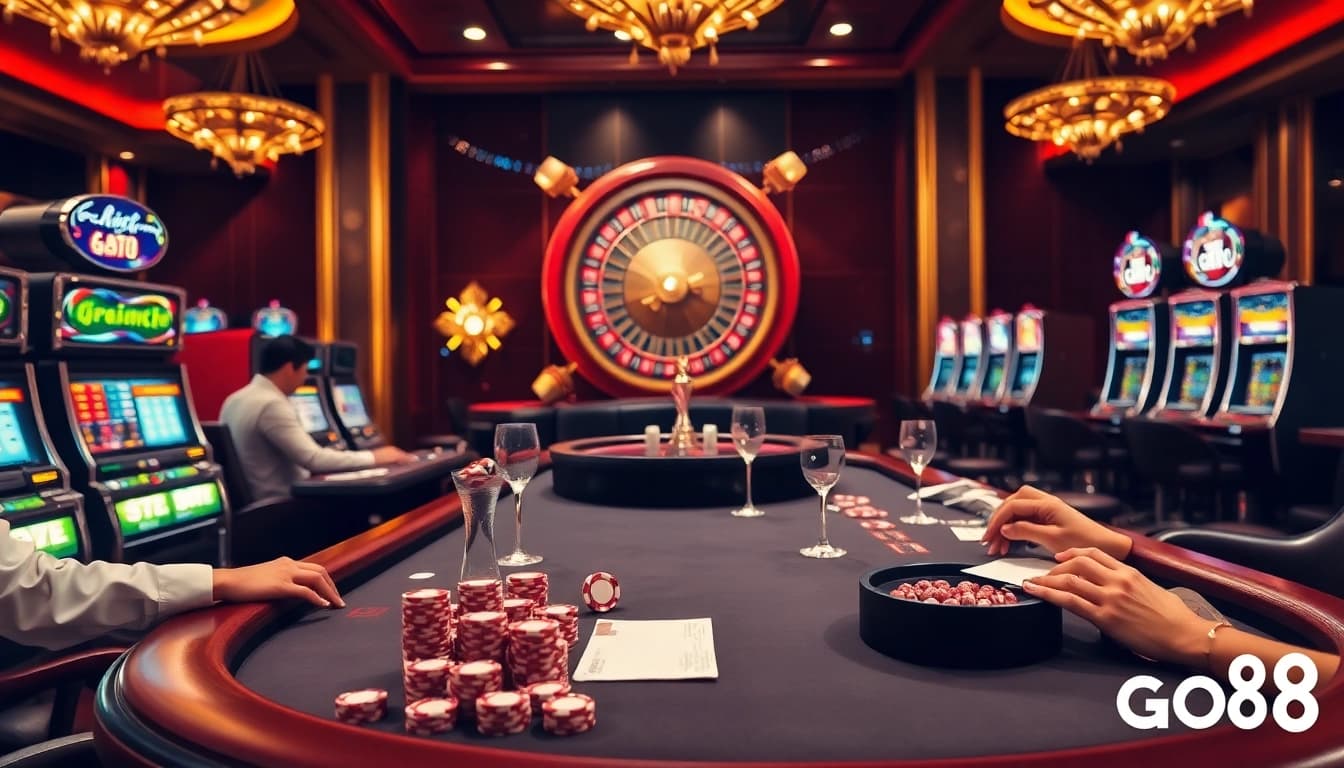 Engage in thrilling gambling action at a luxurious go8 casino table filled with poker chips and slot machines.