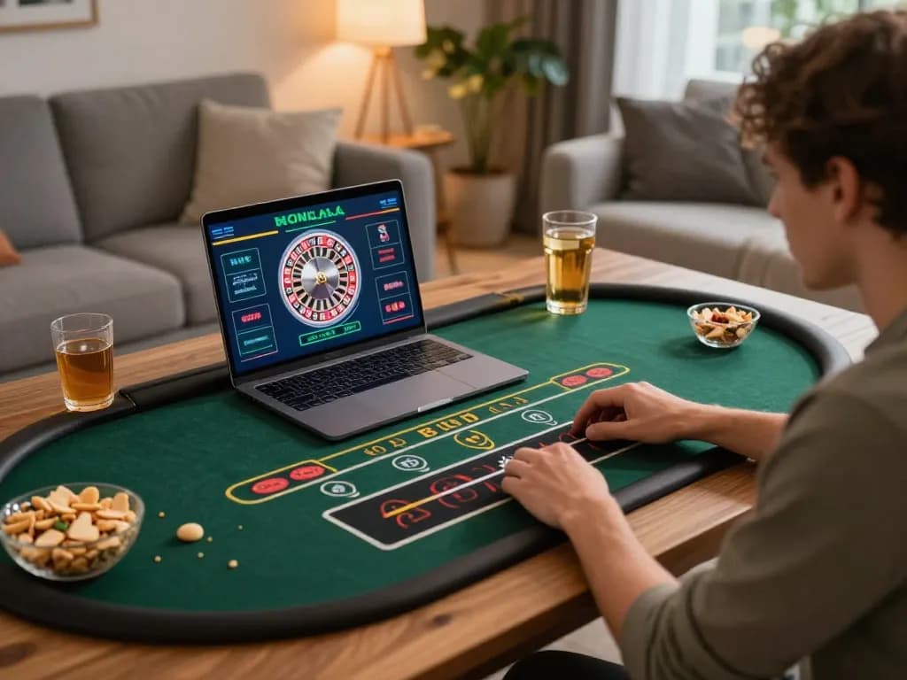 Engaging in live roulette gameplay on laptop at home, showcasing strategic 68win betting experience.