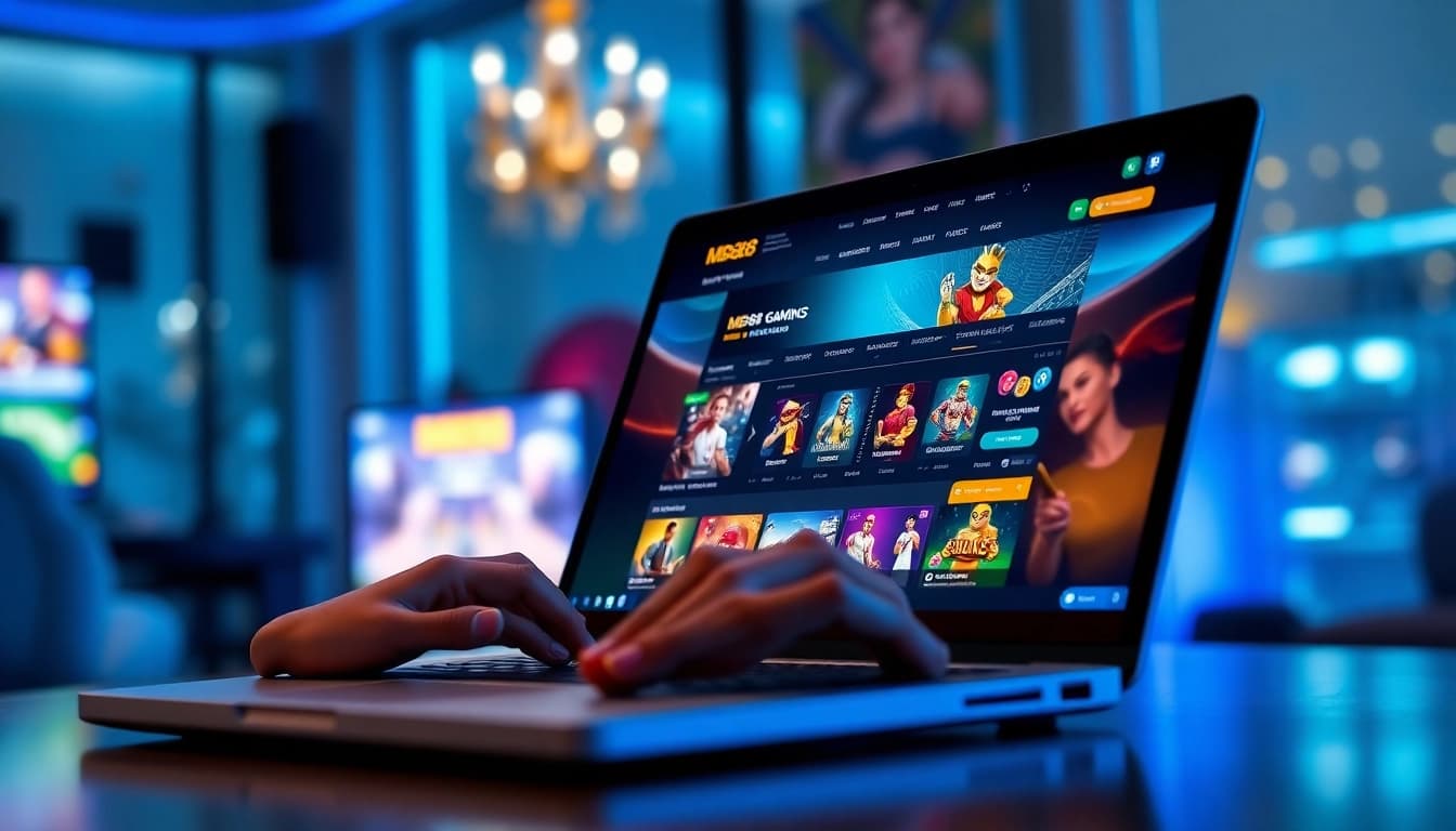 MB88 online gambling platform showcasing vibrant graphics, user engagement, and a sleek interface in a luxurious setting.