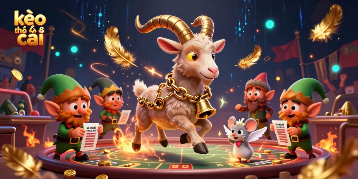 Engage with kèo nhà cái at a festive sports betting casino, featuring vibrant characters and rich scenes.