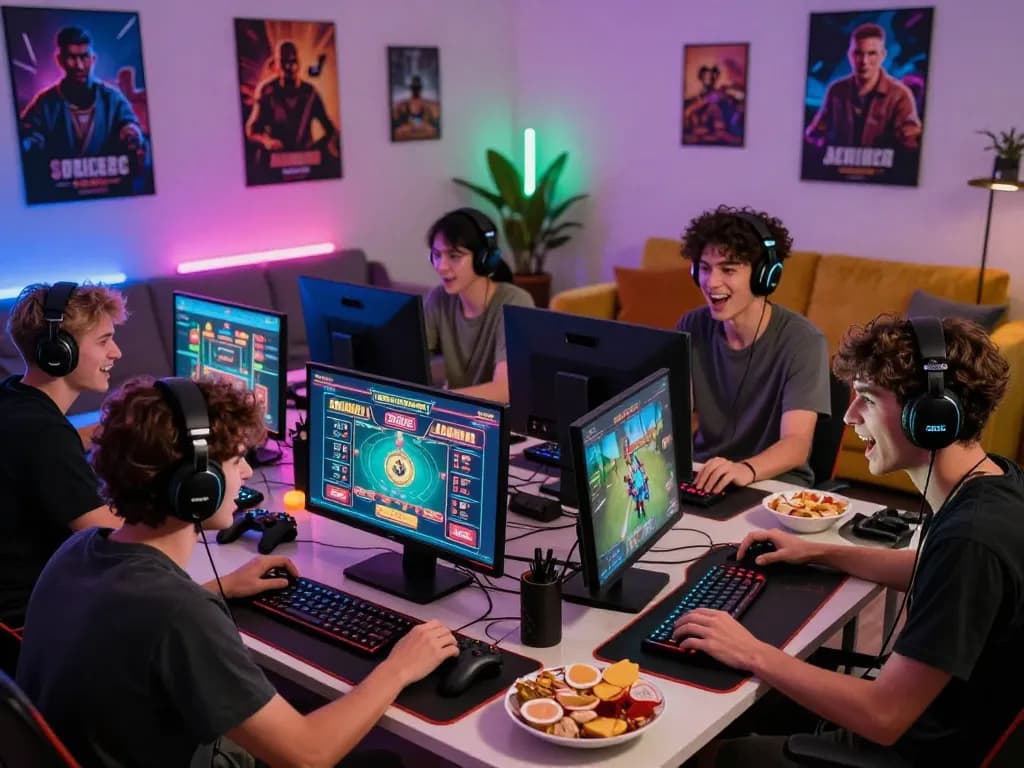 Online gaming excitement at https://topbet8x.com/ with friends enjoying a dynamic gaming setup and vivid LED lighting.