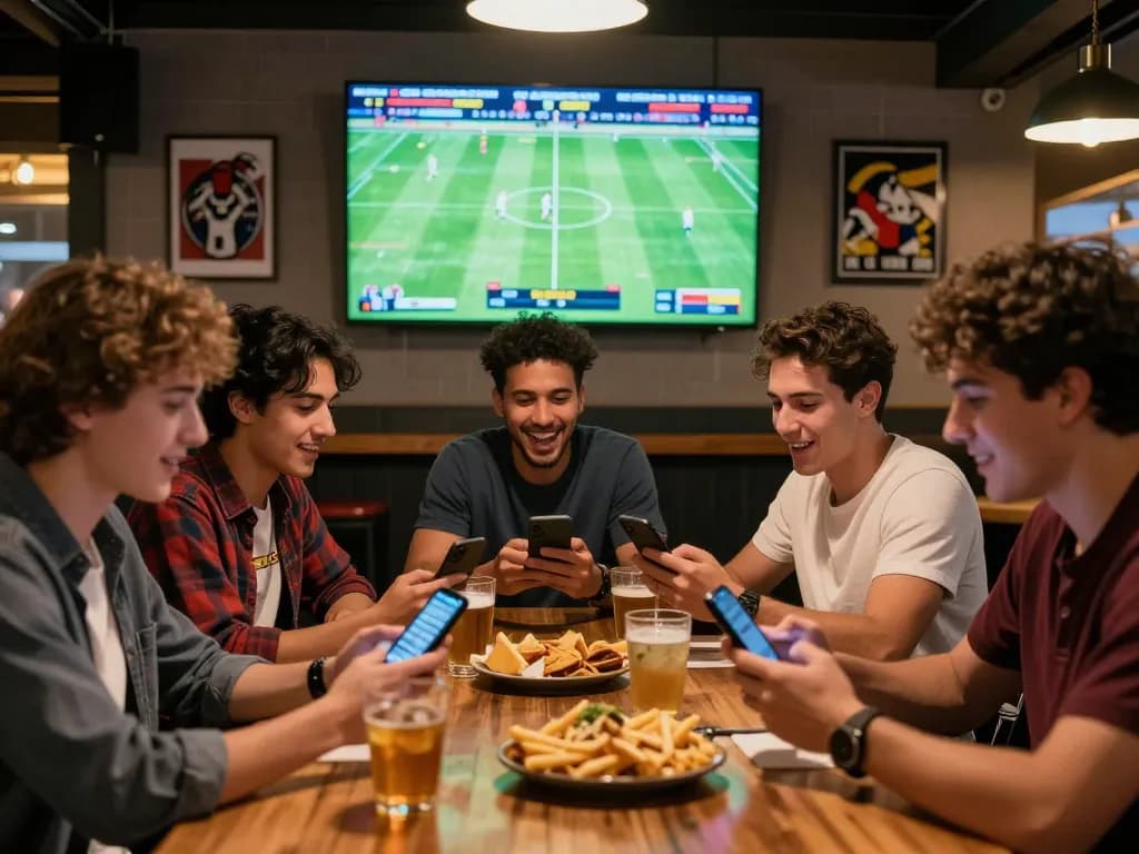 Excitement in sports betting with friends checking ผลบอล from mobile apps during a lively football match.