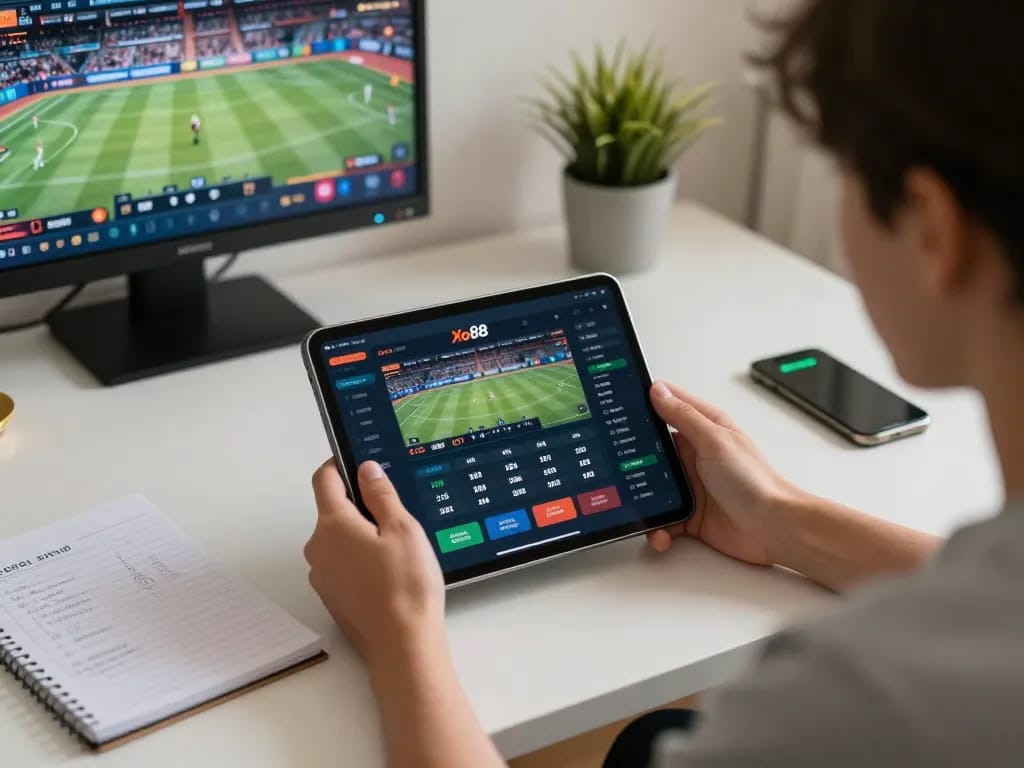 Xo88 sports betting action displayed on a sleek tablet, person engaged in responsible online gambling.
